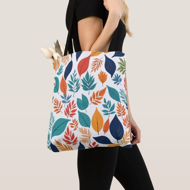 Botanical pattern with tropical leaves on white tote bag (Close Up)