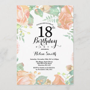 Botanical Peach Floral 18th Birthday Invitation