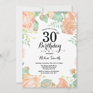 Botanical Peach Floral 30th Birthday Invitation