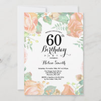 Botanical Peach Floral 60th Birthday Invitation