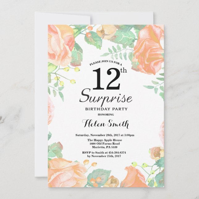 Botanical Peach Floral Surprise 12th Birthday Invitation (Front)