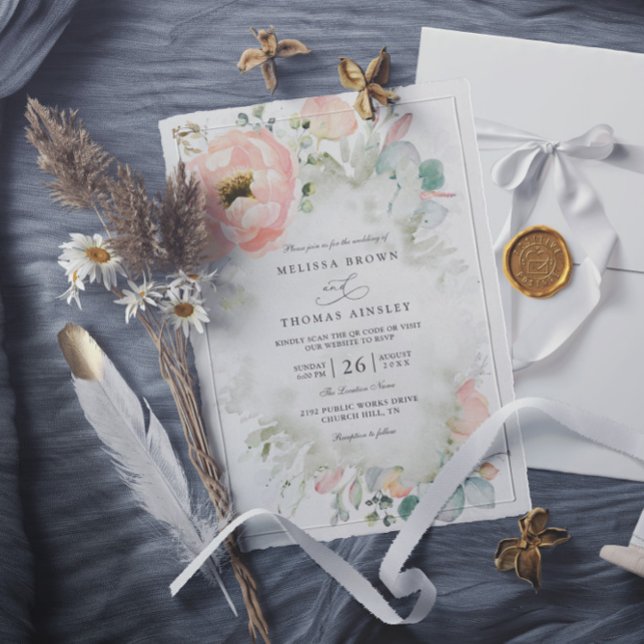 Botanical Peach Flowers Elegant QR Code Wedding Invitation (Creator Uploaded)