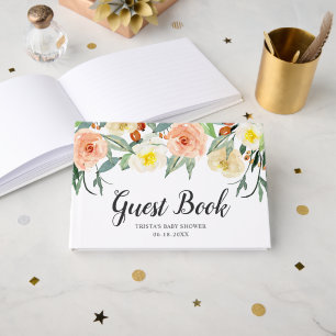 Botanical Peach Watercolor Floral Girl Baby Shower Guest Book
