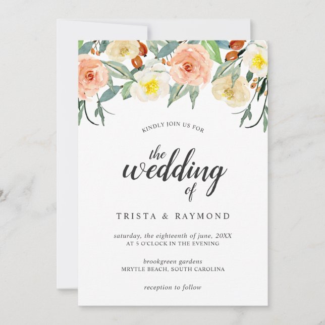 Botanical Peach Watercolor Roses Floral Wedding Invitation (Front)