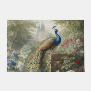 Botanical: peacock near castle in English garden Doormat