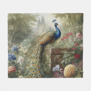 Botanical: peacock near castle in English garden  Fleece Blanket