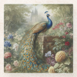 Botanical: peacock near castle in English garden  Glass Coaster