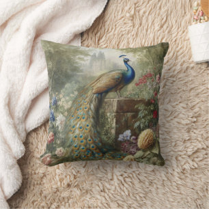 Botanical: peacock near castle in English garden Throw Pillow