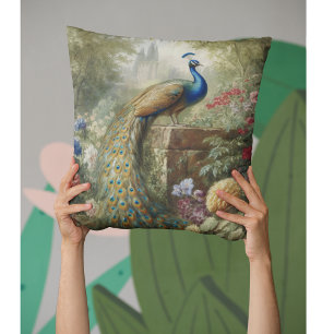 Botanical: peacock near castle in English garden Throw Pillow