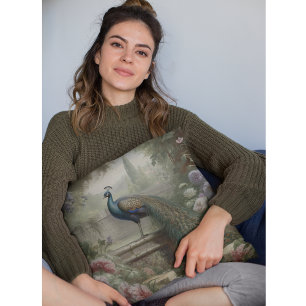 Botanical: peacock on stairs in an English garden Throw Pillow