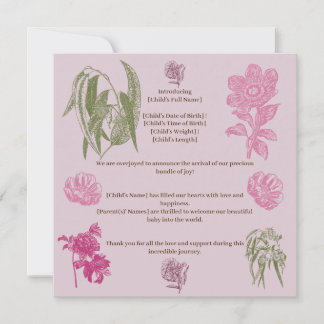Botanical Peony Eucalyptus Girl Birth Announcement
