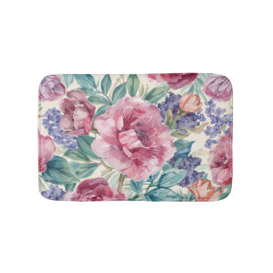 Botanical Peony Watercolor Lavender Blooms Floral Bath Mat