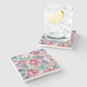 Botanical Peony Watercolor Lavender Blooms Floral Stone Coaster