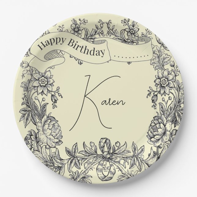 Botanical Personalized Name Floral Calligraphy Paper Plate (Front)
