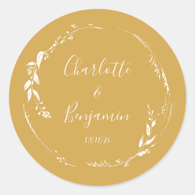 Botanical Personalized Script Wedding Names Yellow Classic Round Sticker (Front)