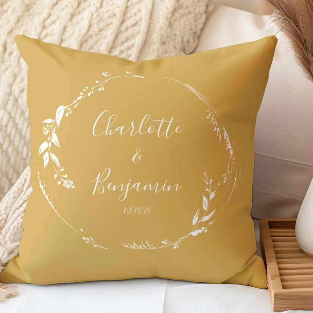 Botanical Personalized Script Wedding Names Yellow Throw Pillow (Creator Uploaded)