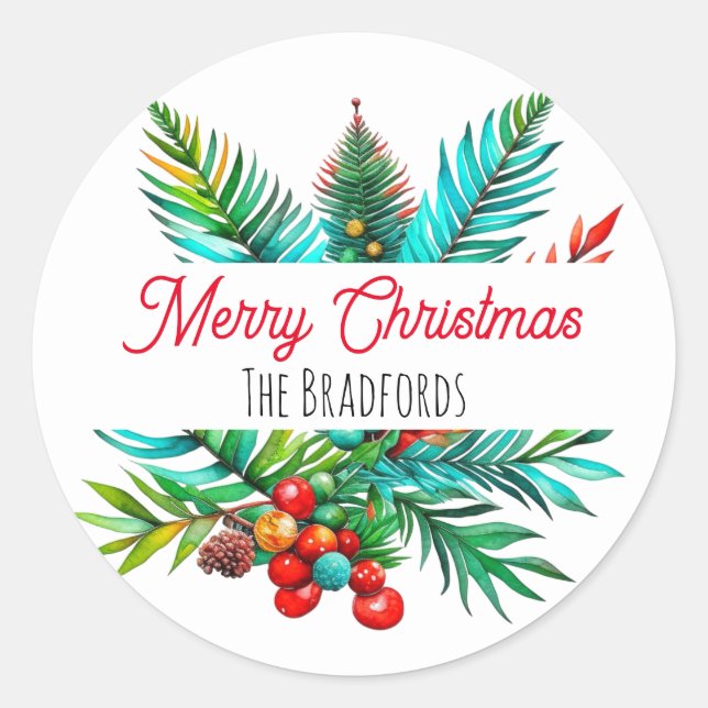 Botanical Pine Merry Christmas Personalized Classic Round Sticker (Front)