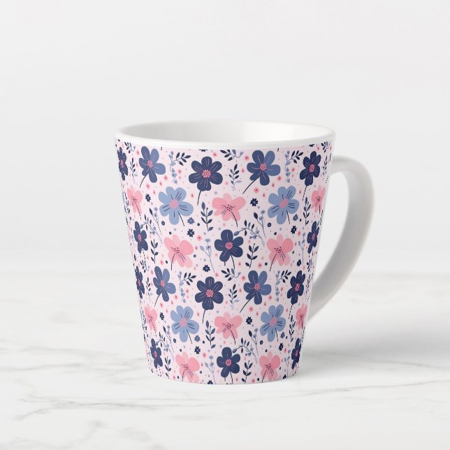 Botanical Pink And Blue Flowers Nature Print Latte Mug (Right Angle)