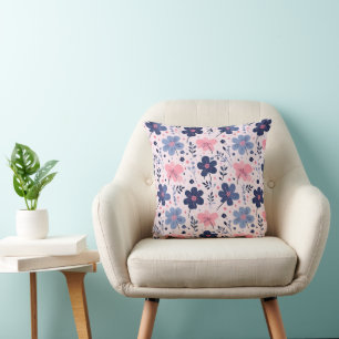 Botanical Pink And Blue Flowers Nature Print Throw Pillow