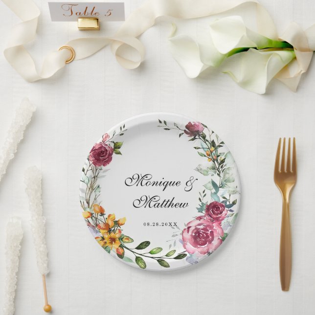 Botanical Pink and Burgundy Floral Wedding Paper Plate (Wedding)