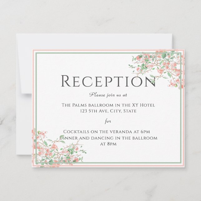 Botanical Pink and Green Boho Reception Card (Front)