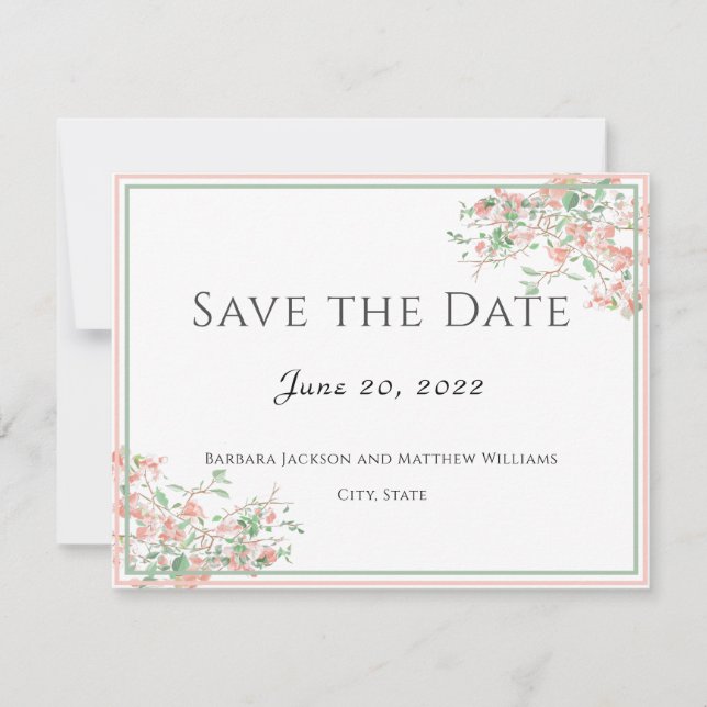 Botanical Pink and Green Boho Save the Date Card (Front)