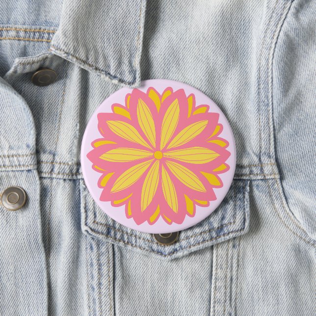 Botanical Pink And Yellow Flower 4 Inch Round Button (In Situ)