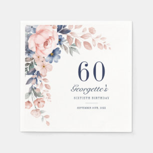 Botanical Pink Blue Floral Script 60th Birthday Napkin