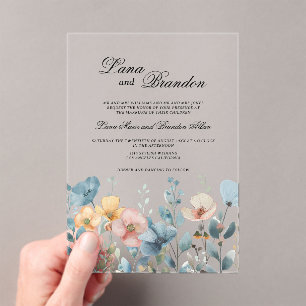 Botanical pink blue spring wildflowers wedding acrylic invitations