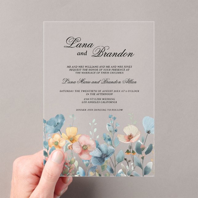 Botanical pink blue spring wildflowers wedding  acrylic invitations (Insitu (Handheld))