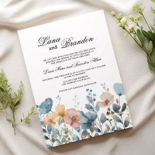 Botanical pink blue spring wildflowers wedding  invitation
