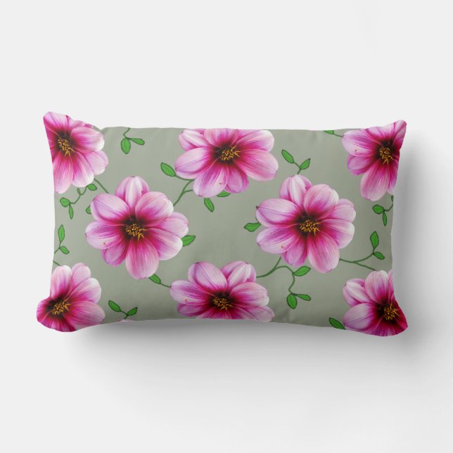 Botanical Pink Dahlia Flower on any Colour Lumbar Pillow (Front)