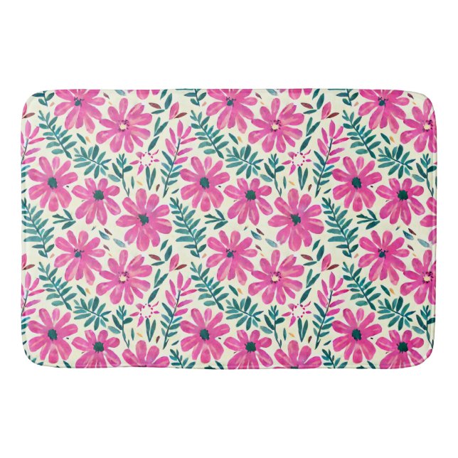 Botanical Pink Daisy Watercolor Bath Mat (Front)