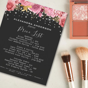 Botanical Pink Flowers Diamond Glitter Black Salon Flyer