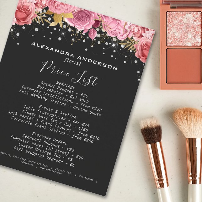 Botanical Pink Flowers Diamond Glitter Black Salon Flyer (Botanical Pink Flowers Diamond Glitter Black Salon Flyer)