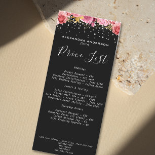 Botanical Pink Flowers Diamond Glitter Black Salon Rack Card