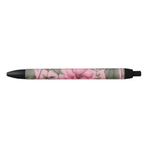 Botanical pink flowers pattern black ink pen
