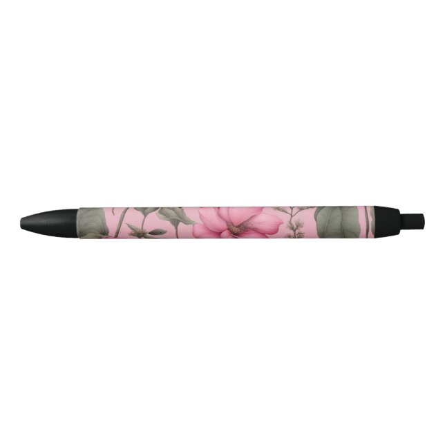 Botanical pink flowers pattern black ink pen (Front)