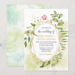 Botanical Pink Green Gold Geometric Frame Wedding Invitation