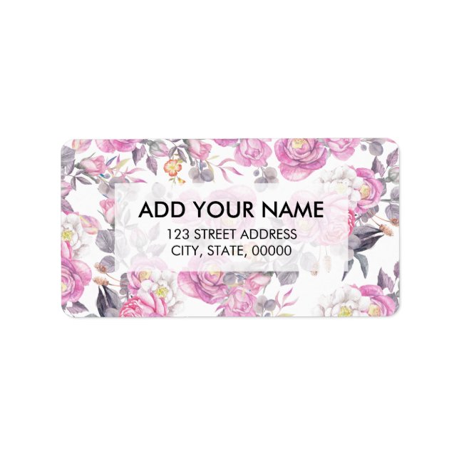 Botanical pink grey watercolor romantic roses label (Front)