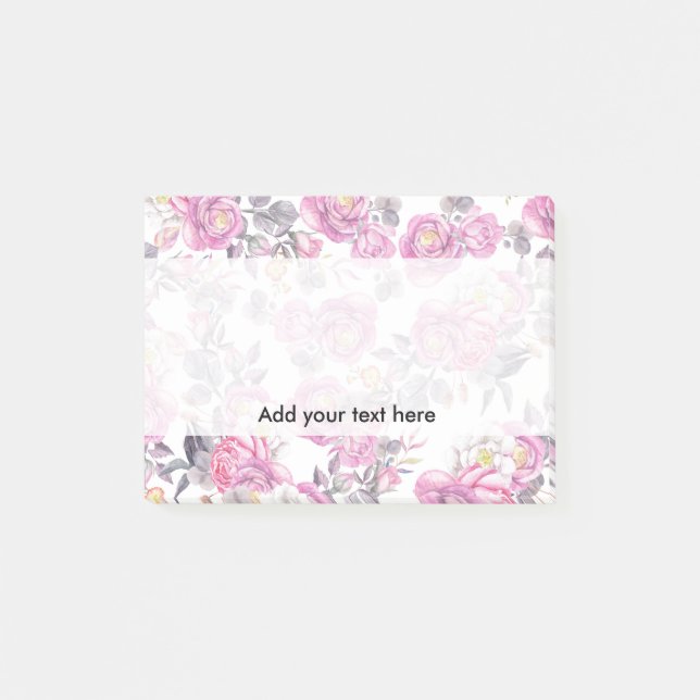 Botanical pink grey watercolor romantic roses post-it notes (Front)