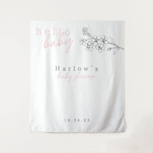Botanical Pink Hello Baby Baby Shower Banner  Tapestry (Front)