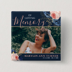 Botanical Pink & Navy Florals Elegant Memorial 2 Inch Square Button