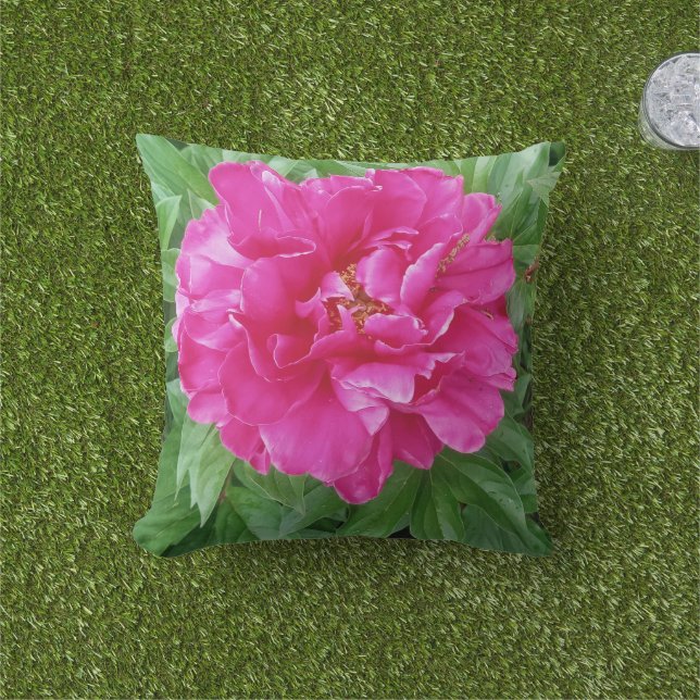 Botanical Pink Peony Green Leaves  Outdoor Pillow (Grass)