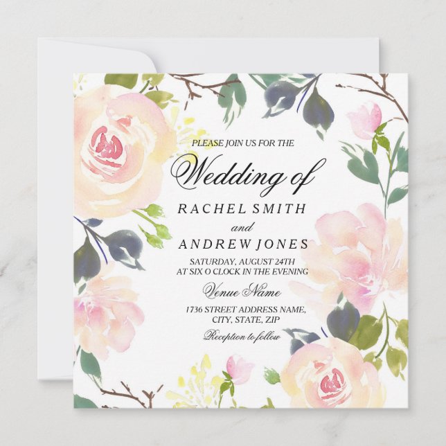 Botanical Pink Rose Floral Wedding Invitation (Front)