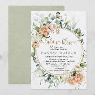 Botanical Pink Rose Sage Green Baby Shower Invitation