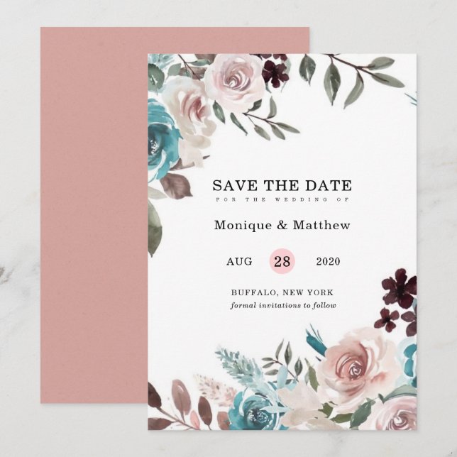 Botanical Pink Teal Plum Peony Save The Date Invit Invitation (Front/Back)