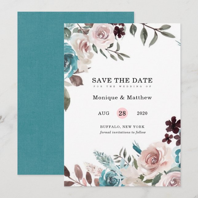 Botanical Pink Teal Plum Peony Save The Date Invitation (Front/Back)