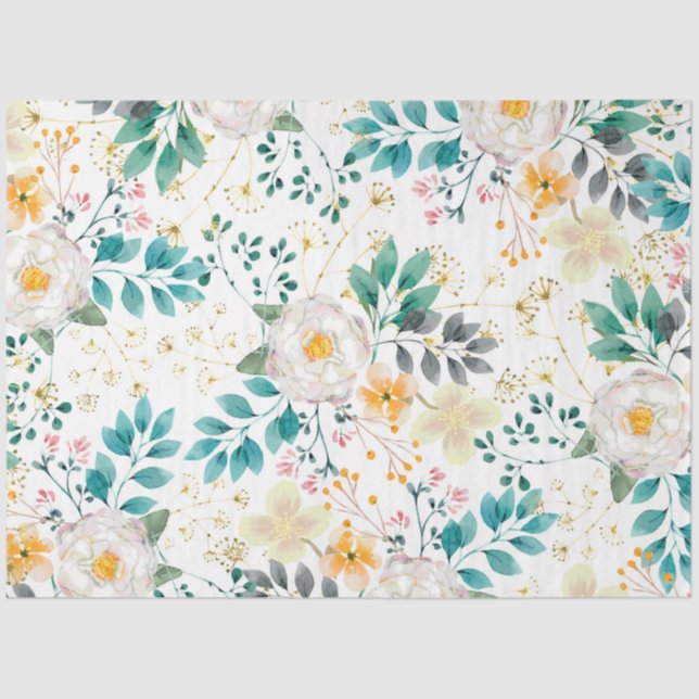 Botanical pink teal white orange floral tissue paper (Front)