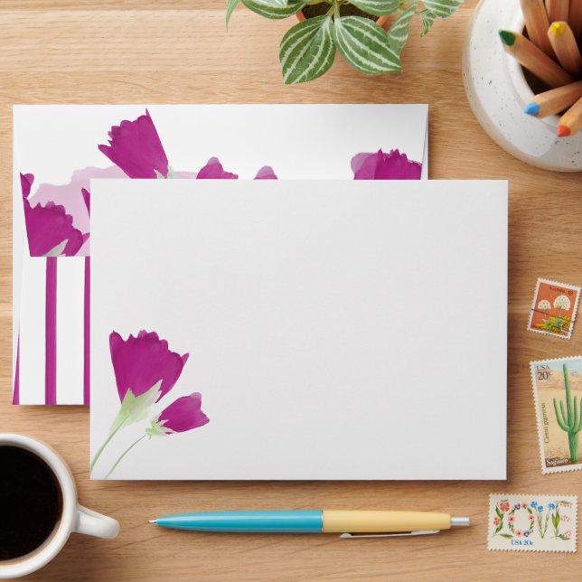 Botanical Pink Tulips, Pink Stripes Sweet 16 Envelope (Desk)